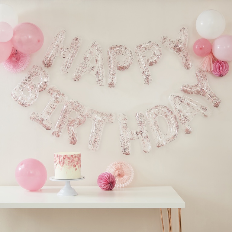 Balónová Konfetová Girlanda - Happy Birthday - Ružová